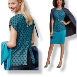 CABI FOULARD BLUE TEAL LINED SHORT SLEEVE BLOUSE TOP CAREER CASUAL XS